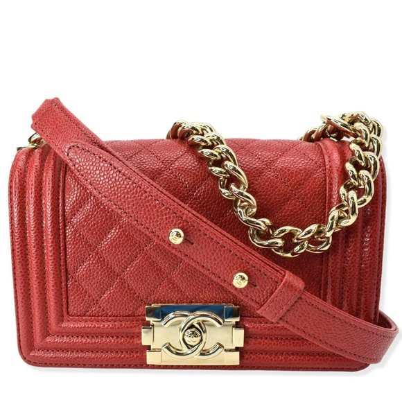 CHANEL Le Boy Small Lambskin Leather Shoulder Bag Red